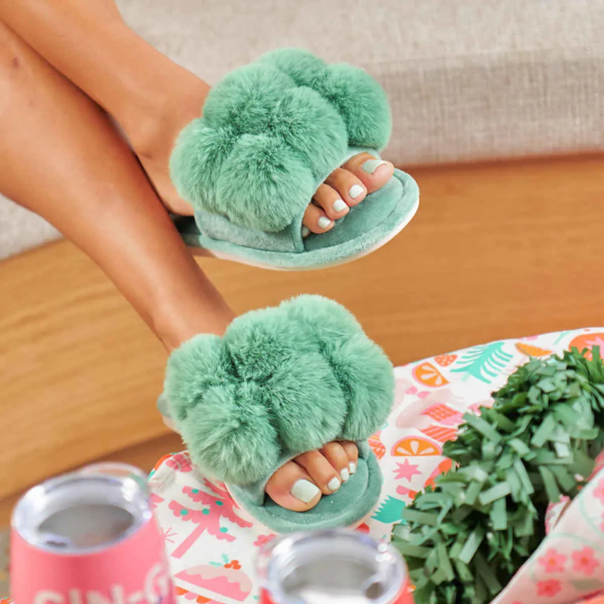 Annabel Trends Cosy Luxe Pom Pom Slipper Spearmint Medium to Large