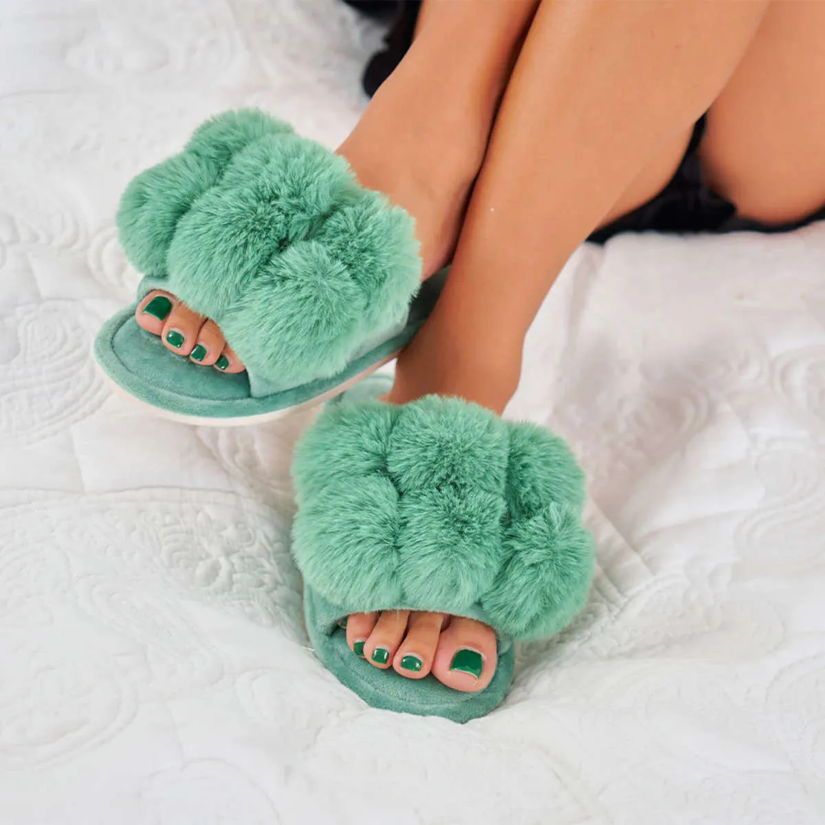 Annabel Trends Cosy Luxe Pom Pom Slipper Spearmint Medium to Large