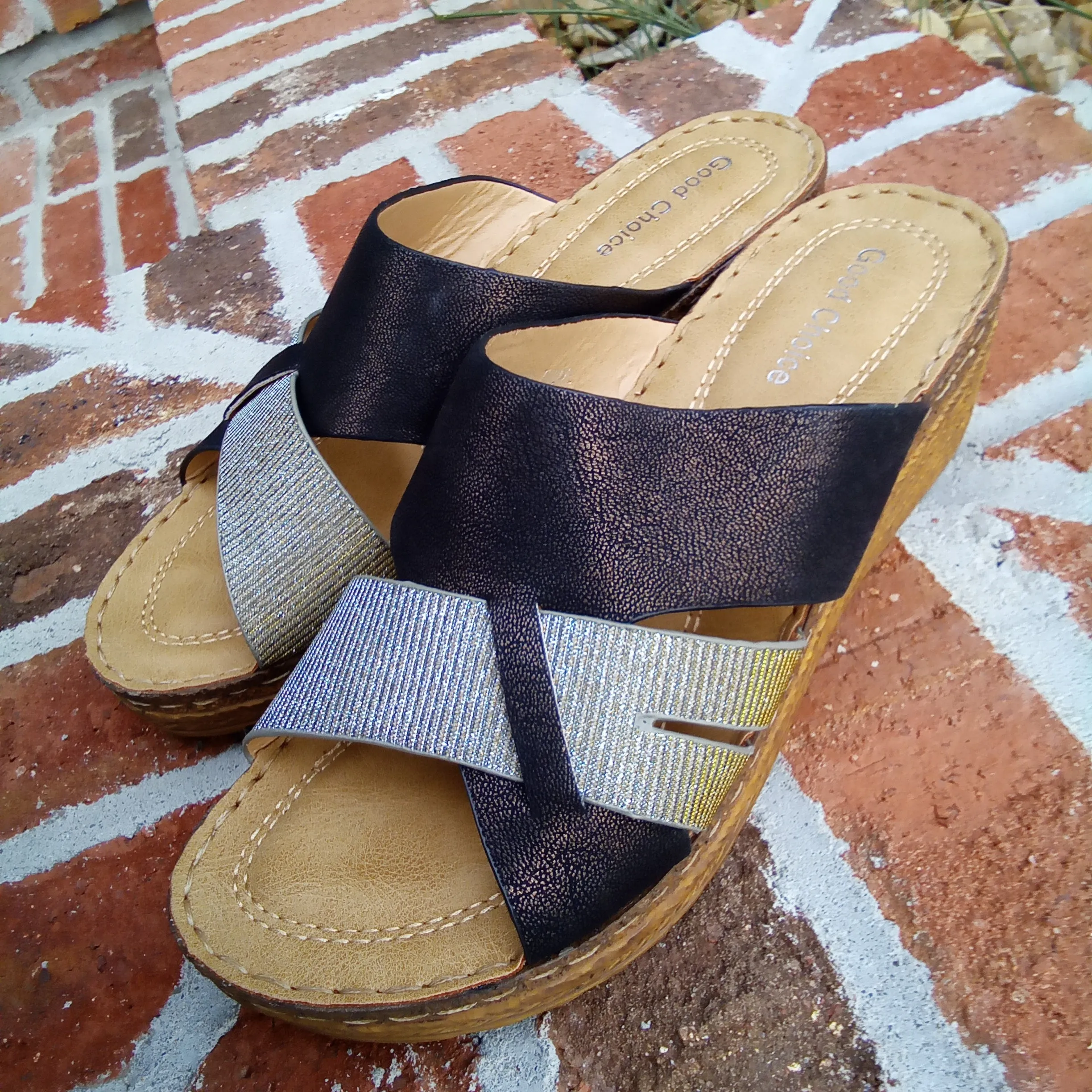 Black & Silver Wedge Sandals | Good Choice Raquel - Final Sale