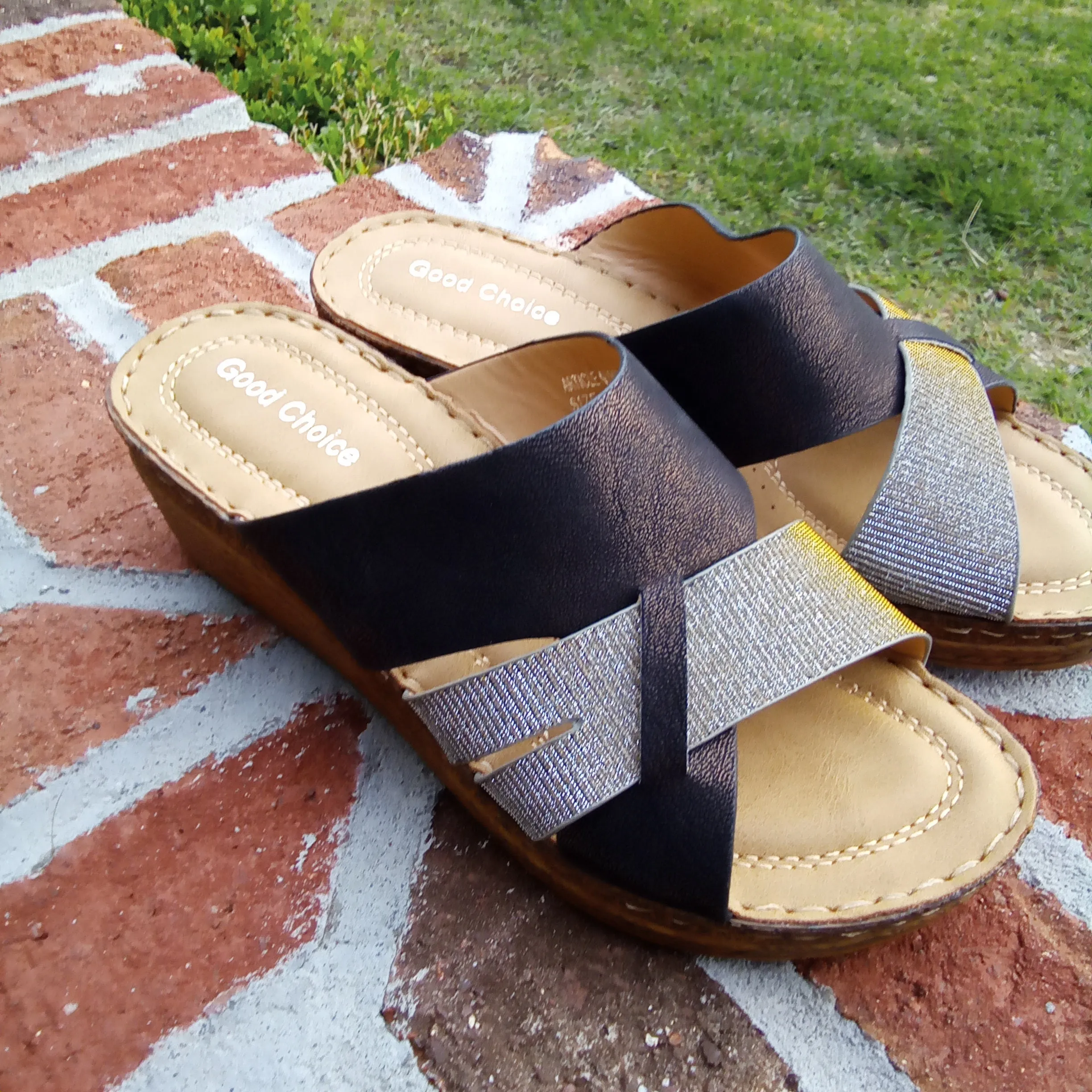 Black & Silver Wedge Sandals | Good Choice Raquel - Final Sale