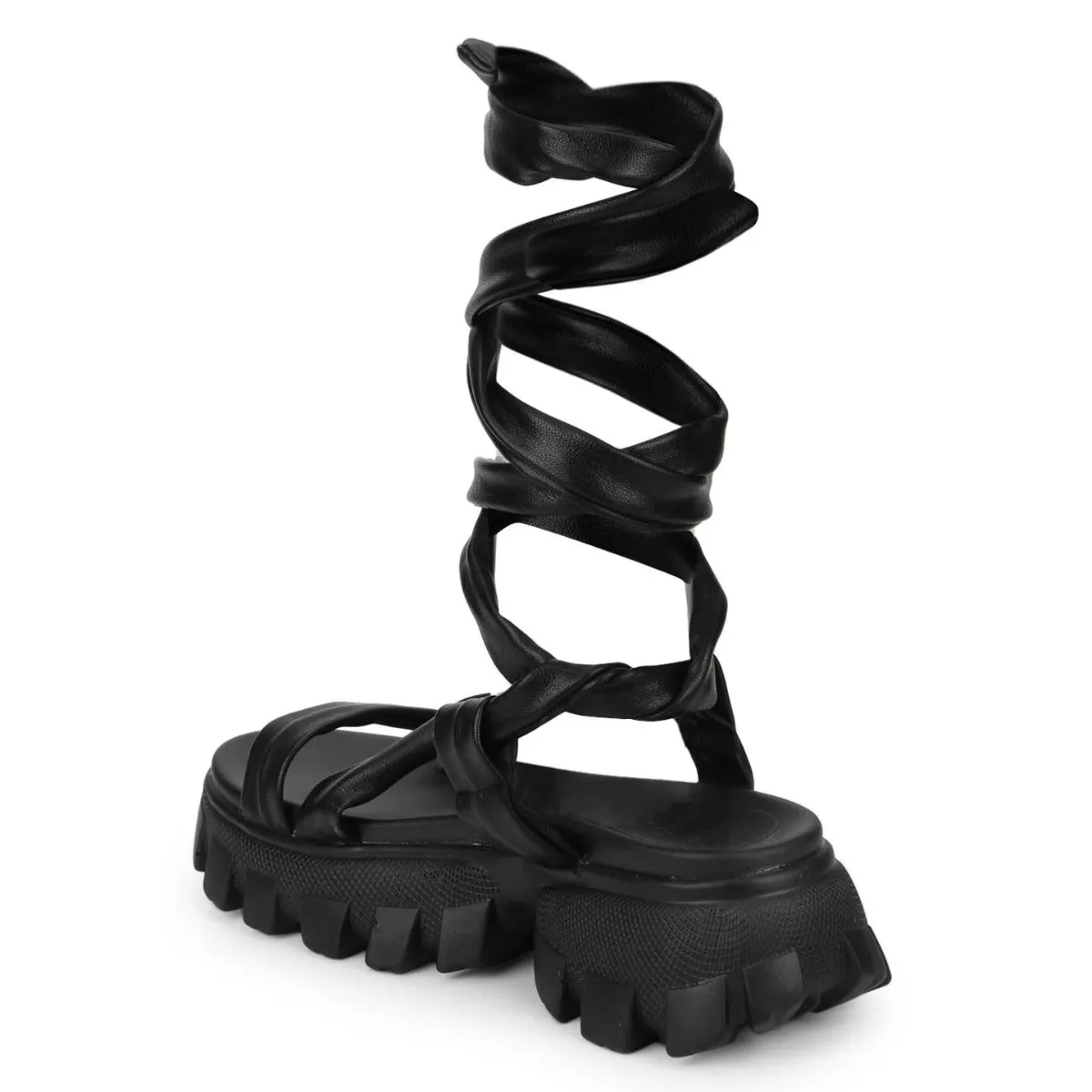 Black PU Cleated Bottom Gladiator Chunky Sandals