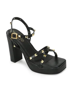 Black PU Studded High Block Heels (TC-SLC-N1107-BLK)