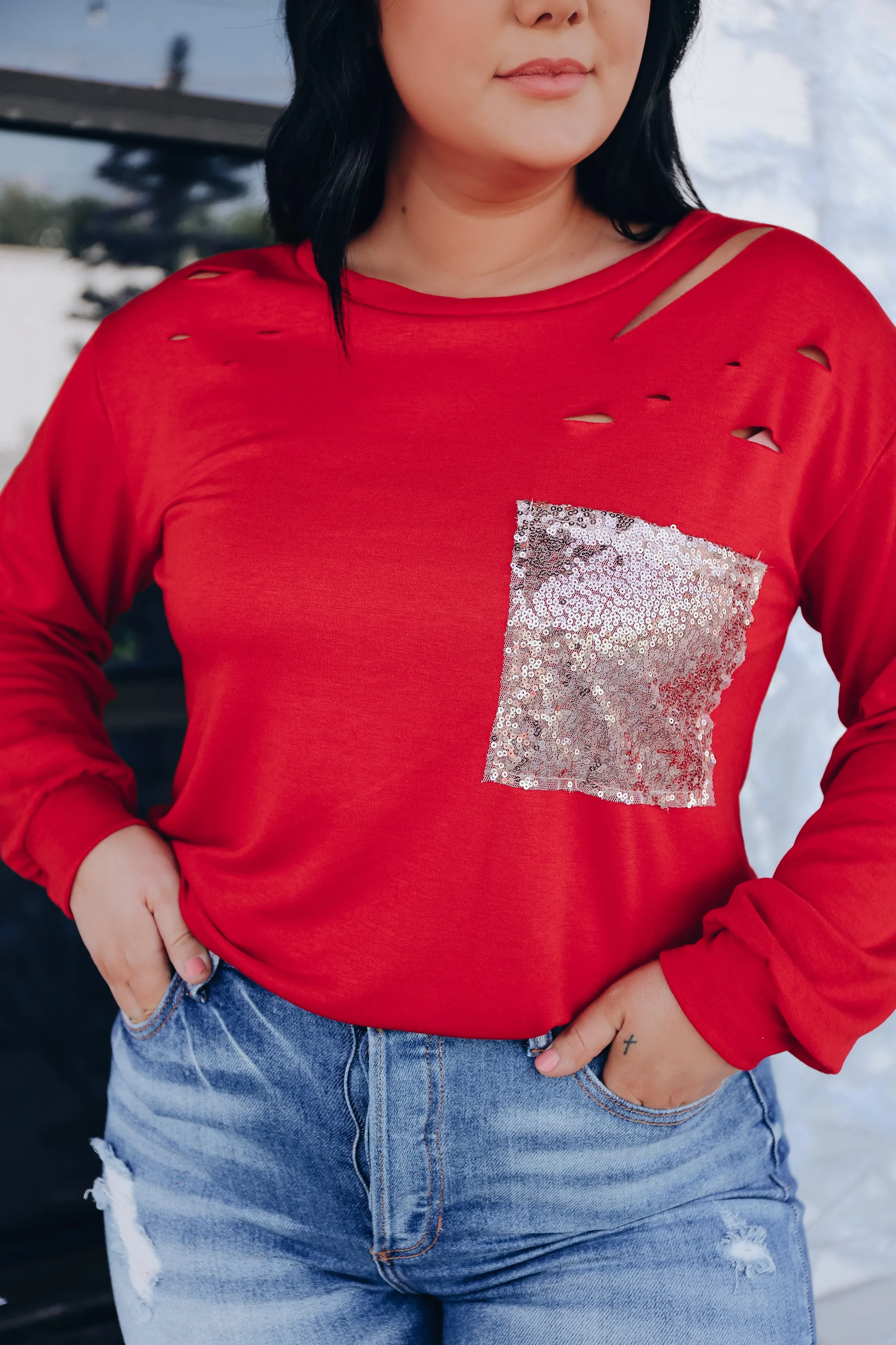 Chiara Cut Out Sequin Pocket Top - Red