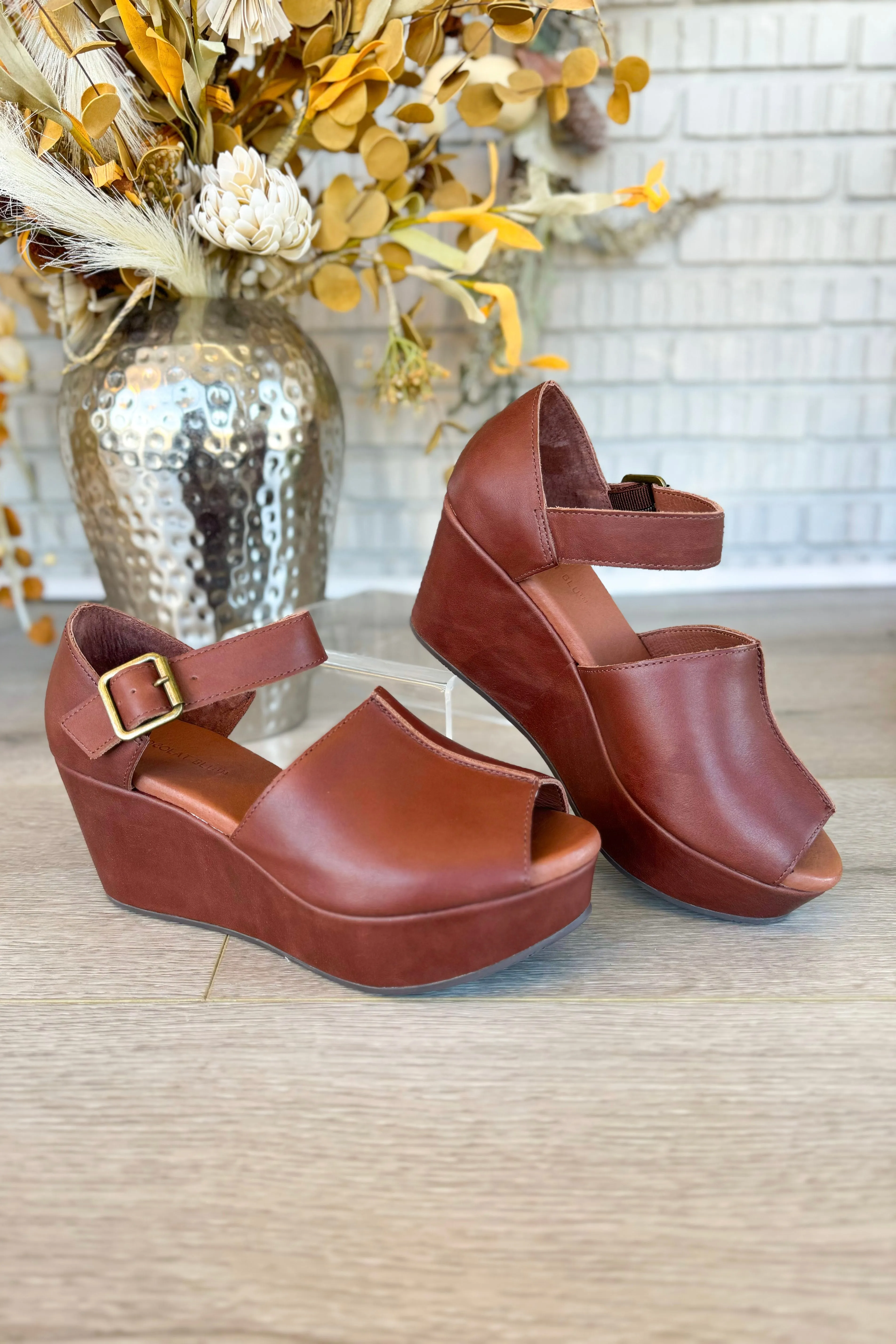 Chocolat Blu Wawa Brown Leather Peep Toe Wedge