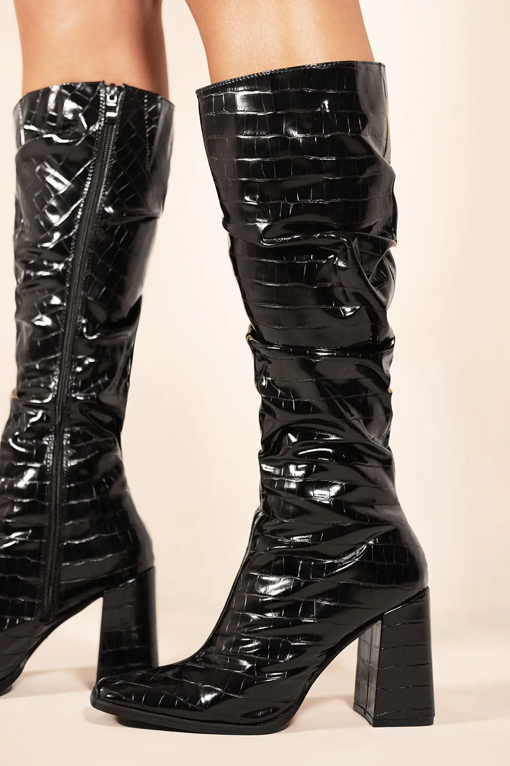 COLETTER BLOCK HEEL CALF HIGH BOOTS WITH POINTED TOE & SIDE ZIP IN BLACK CROCO