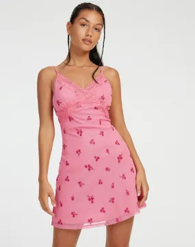 Coline Mini Dress in Pink Ditsy Daisy Embro