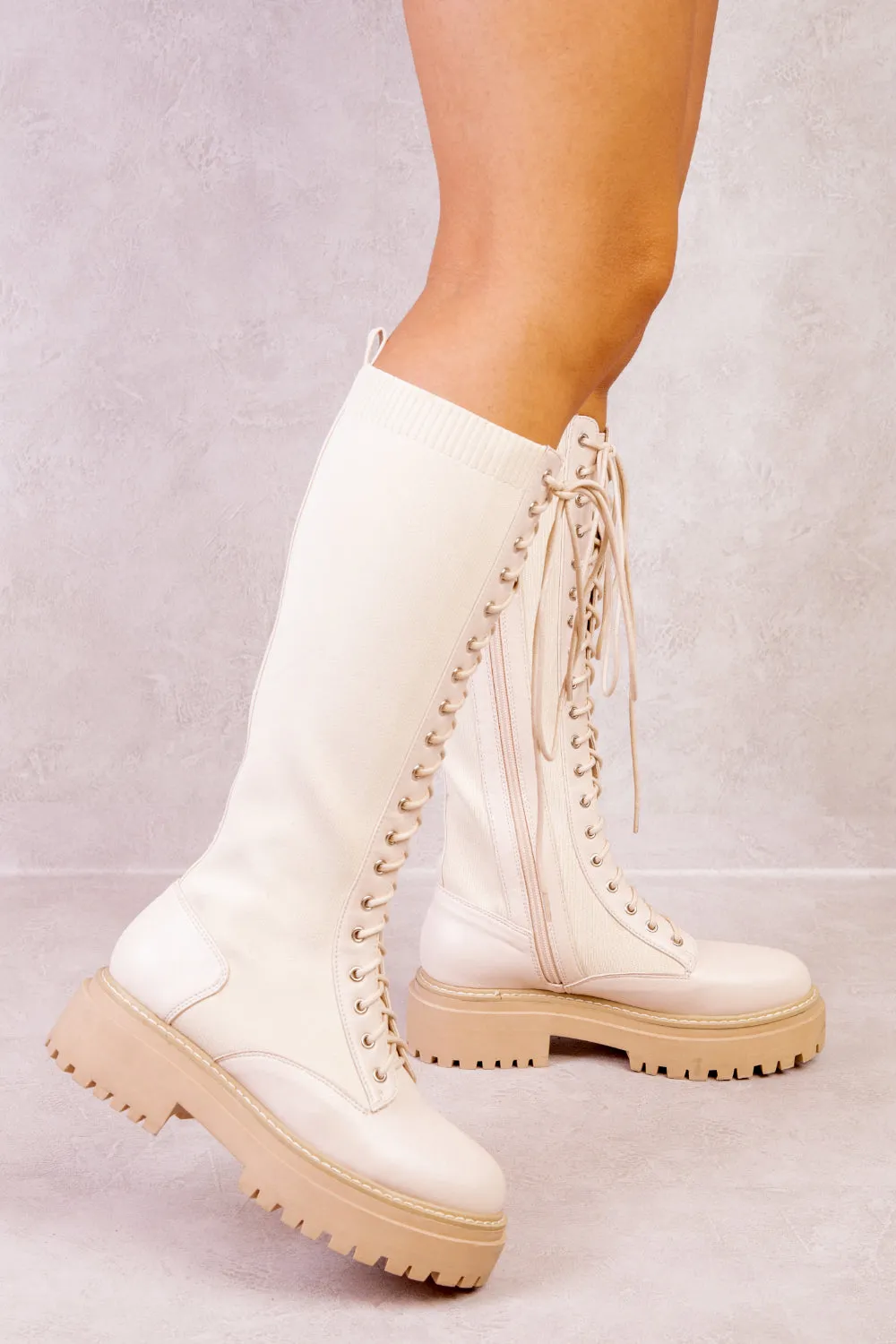 DYANNA KNITTED PANEL LACE UP CALF BOOTS IN IVORY CREAM FAUX LEATHER