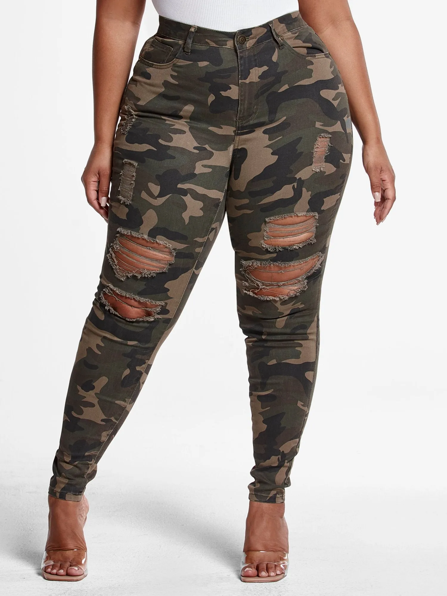 High-Rise Super Skinny Destructed Jeans in Green Camo - Tall Inseam