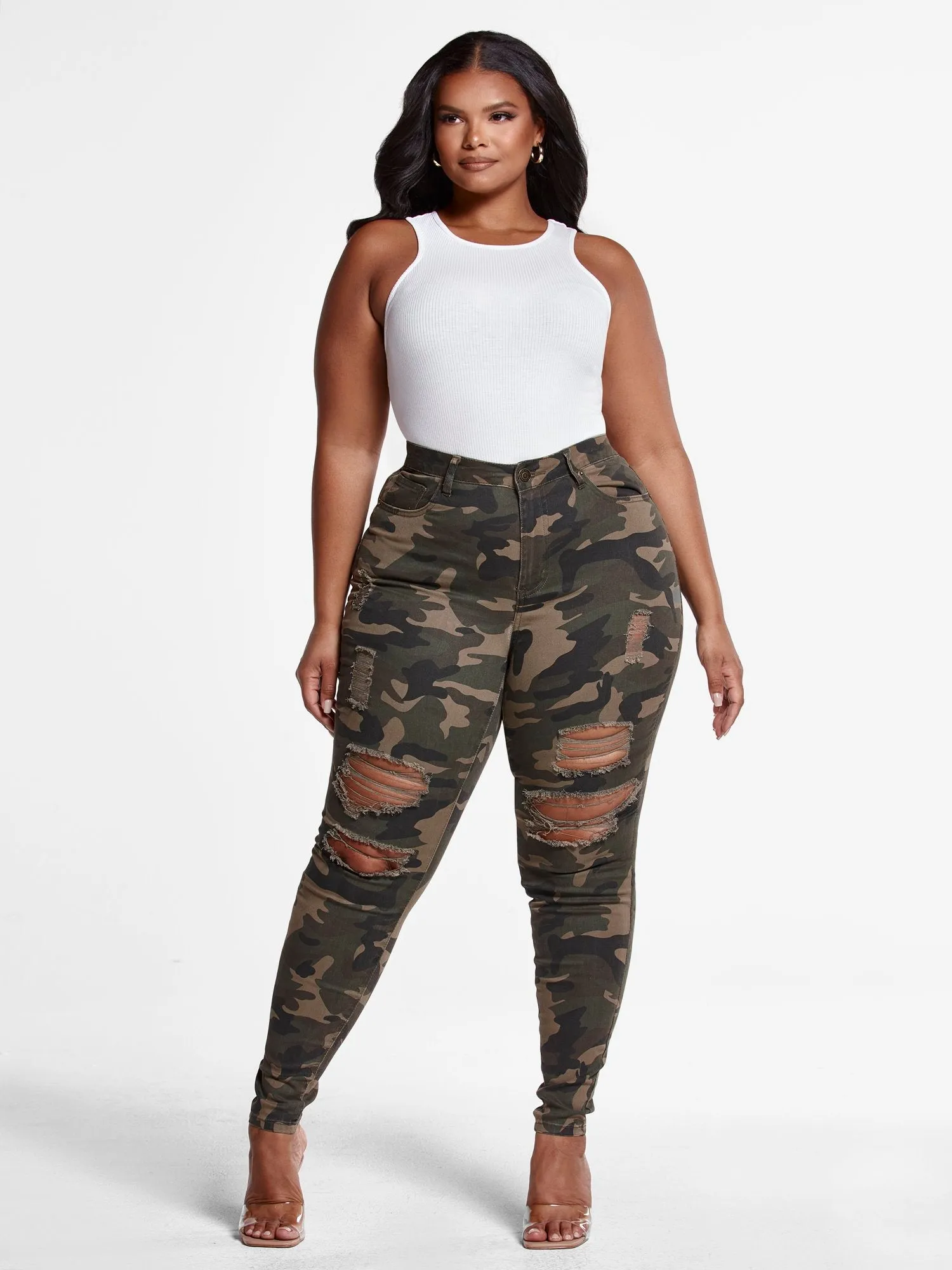 High-Rise Super Skinny Destructed Jeans in Green Camo - Tall Inseam