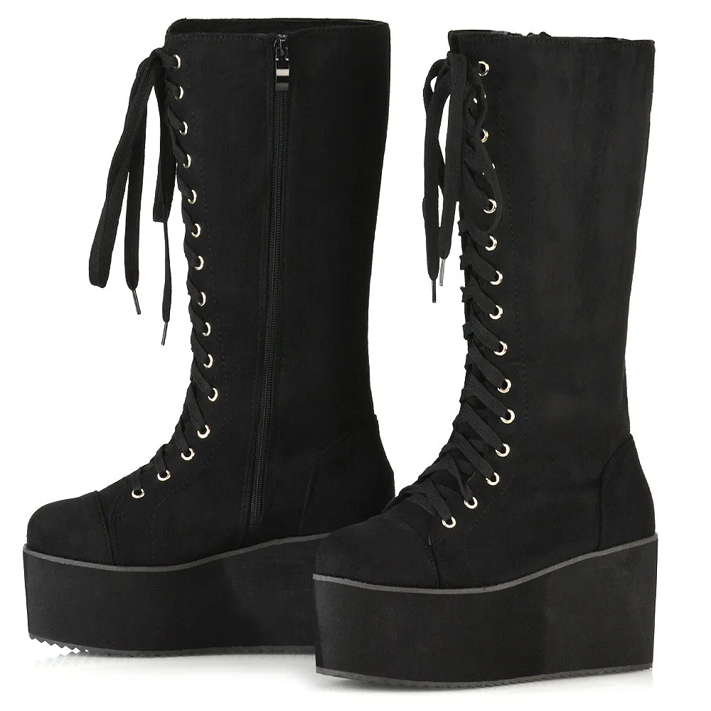 LIZ'S CHUNKY SOLE LACE UP KNEE HIGH BIKER WINTER PLATFORM BOOTS IN BLACK FAUX SUEDE