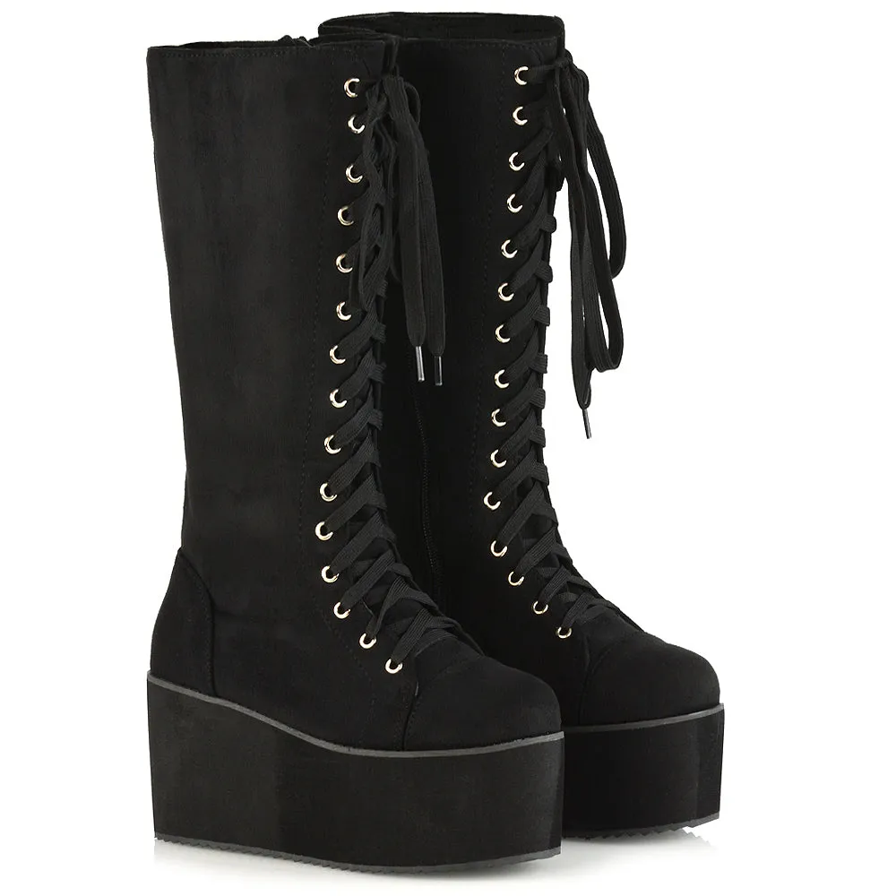 LIZ'S CHUNKY SOLE LACE UP KNEE HIGH BIKER WINTER PLATFORM BOOTS IN BLACK FAUX SUEDE