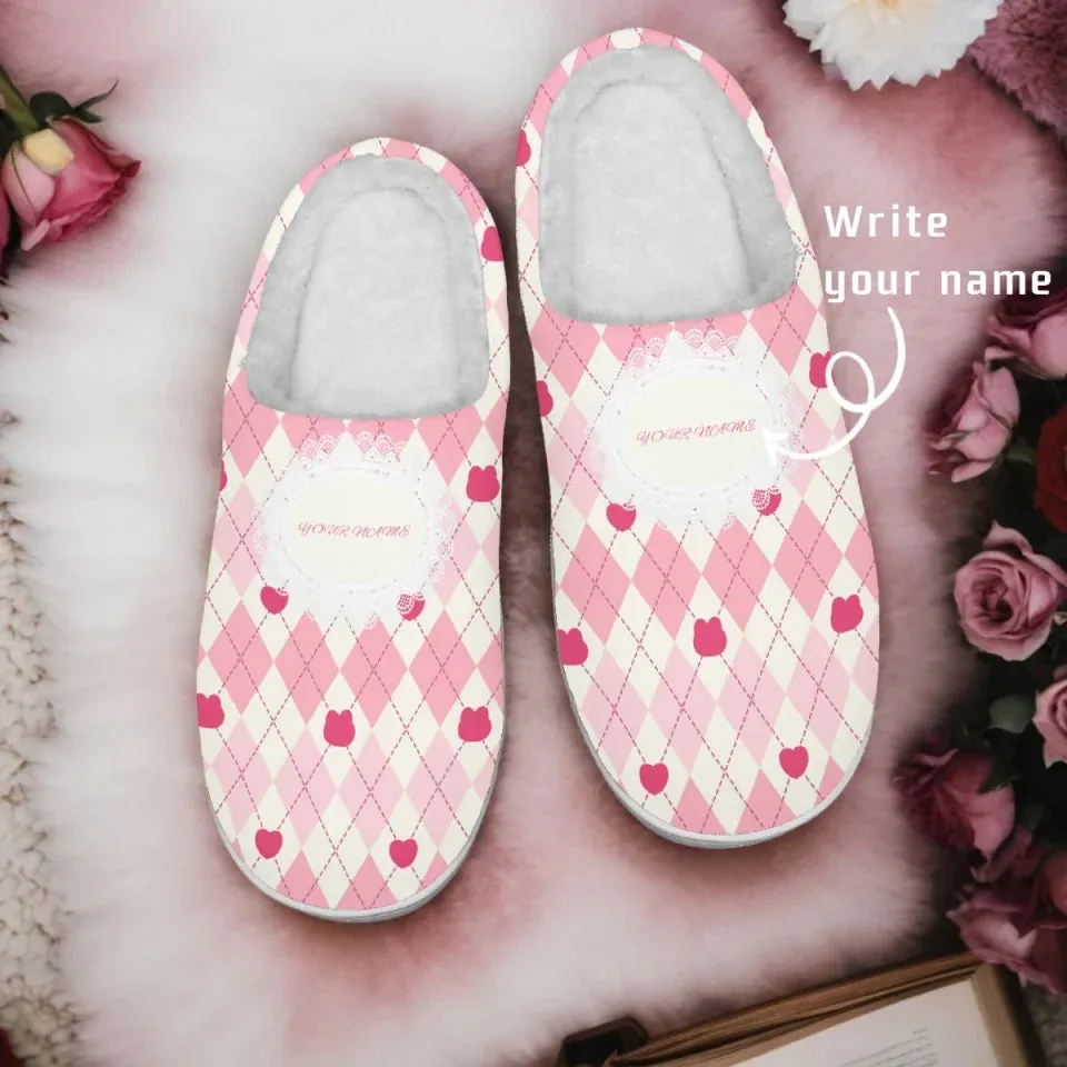 Personalized Romantic Bliss Fur Slippers, Custom Love-Themed Warm Indoor Slipper, Unique Gift for Couples