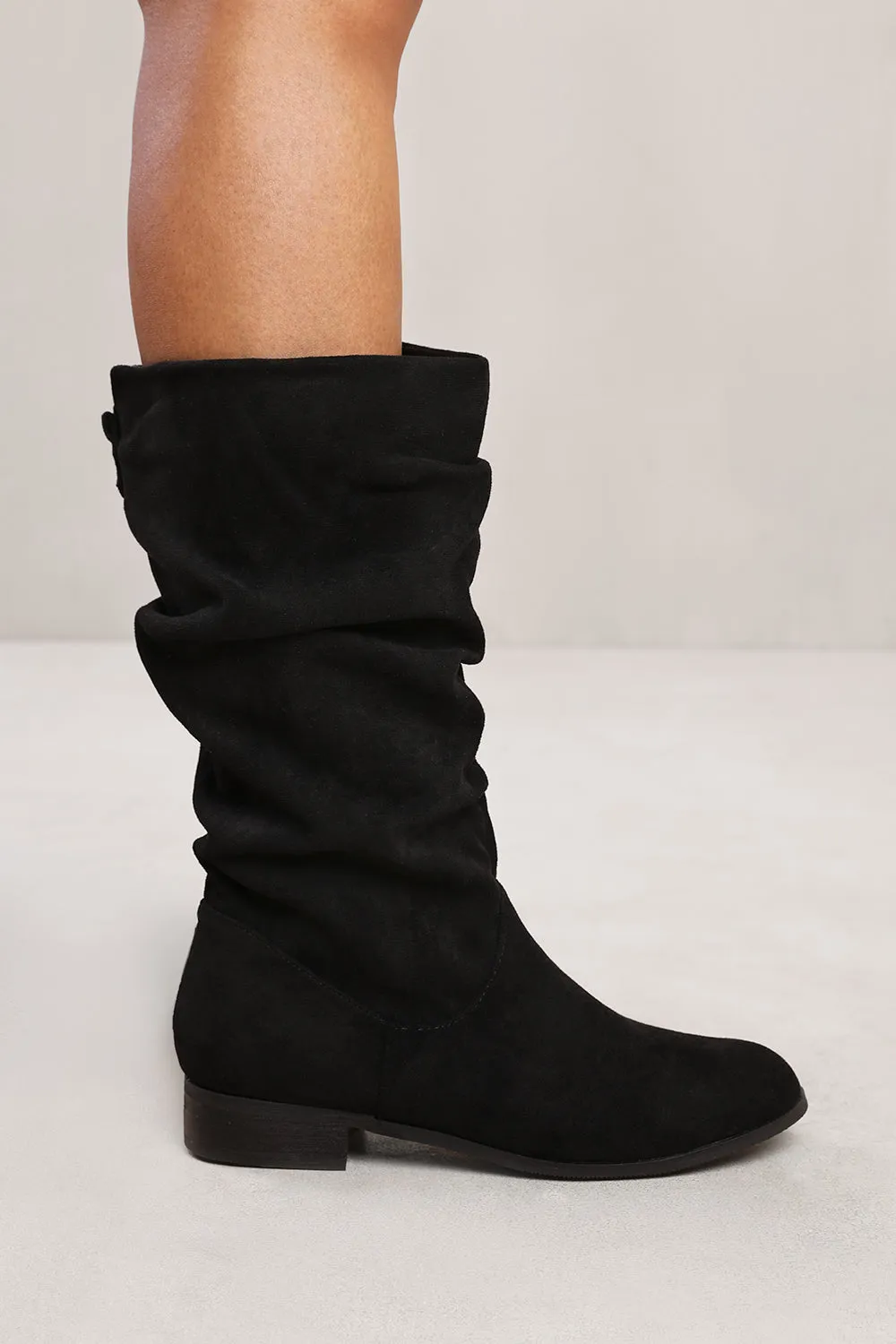 SEENA SLOUCH CALF BOOT WITH SIDE ZIP IN BLACK SUEDE