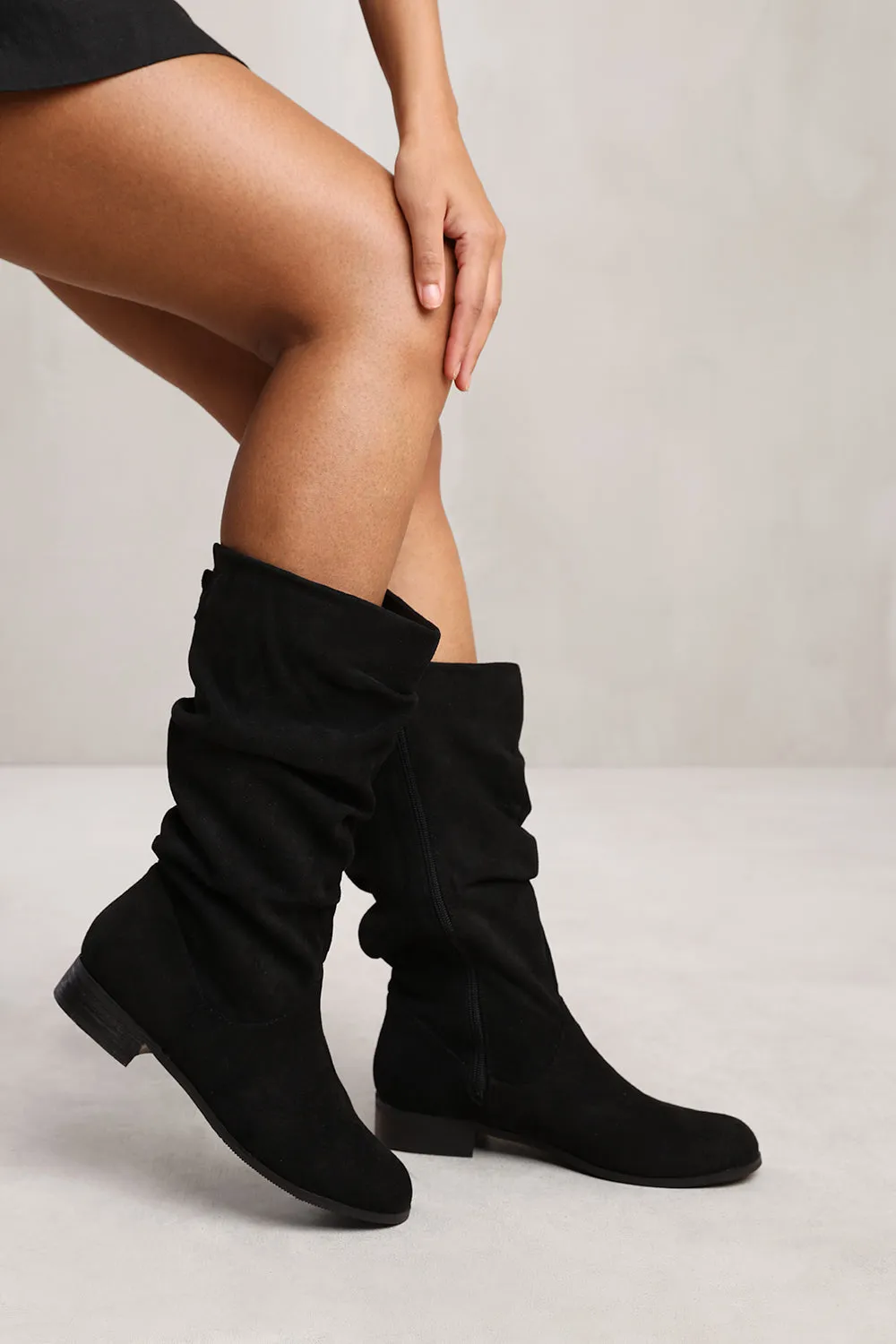 SEENA SLOUCH CALF BOOT WITH SIDE ZIP IN BLACK SUEDE