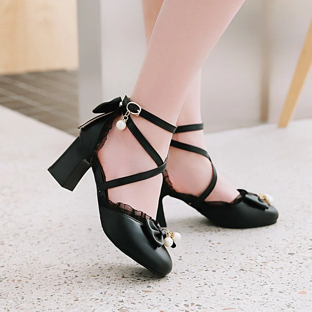 Women bowknot round toe criss cross strap chunky heels