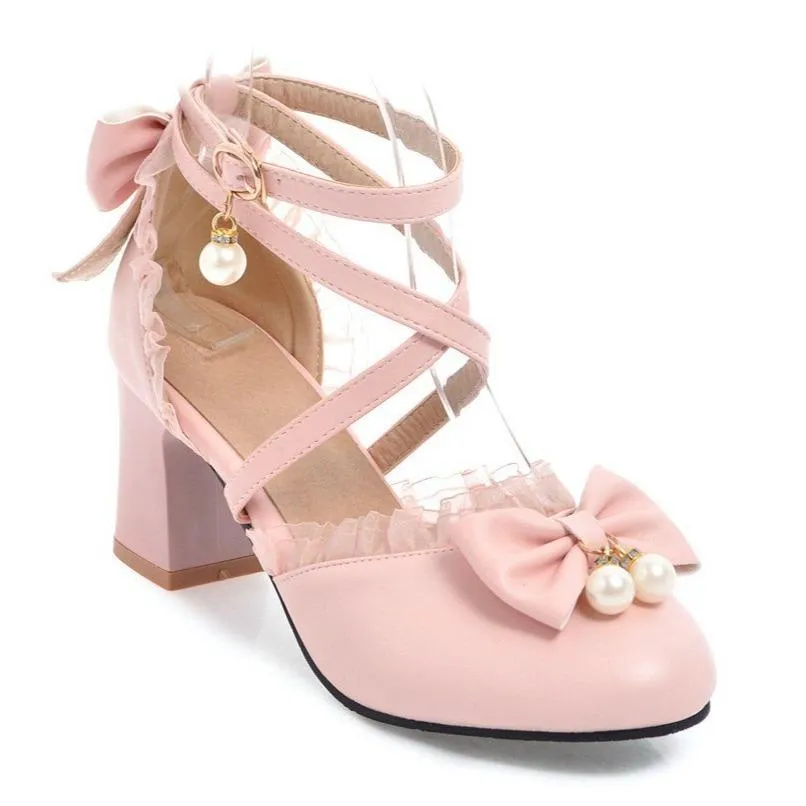 Women bowknot round toe criss cross strap chunky heels