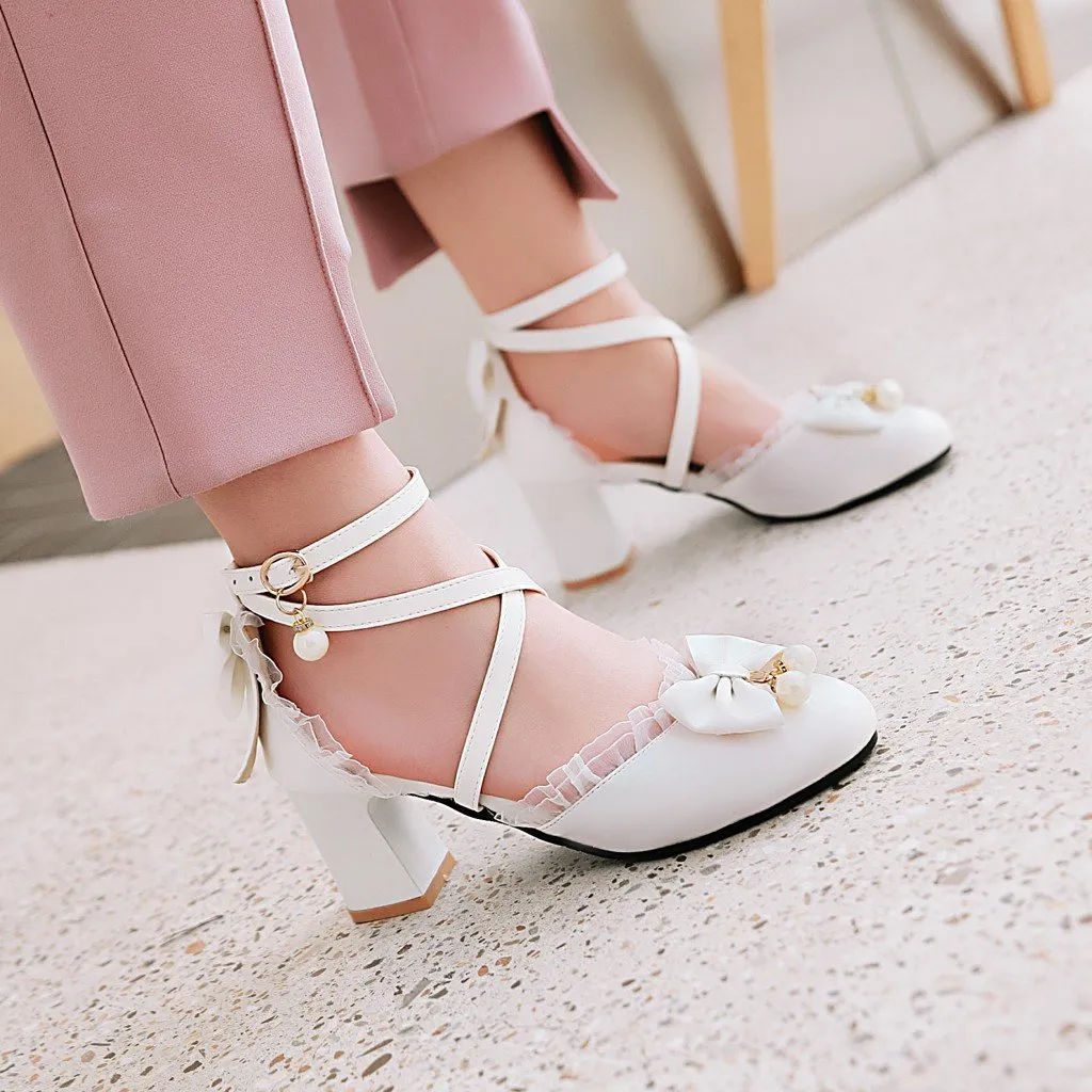 Women bowknot round toe criss cross strap chunky heels