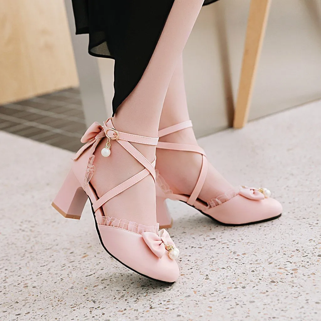 Women bowknot round toe criss cross strap chunky heels