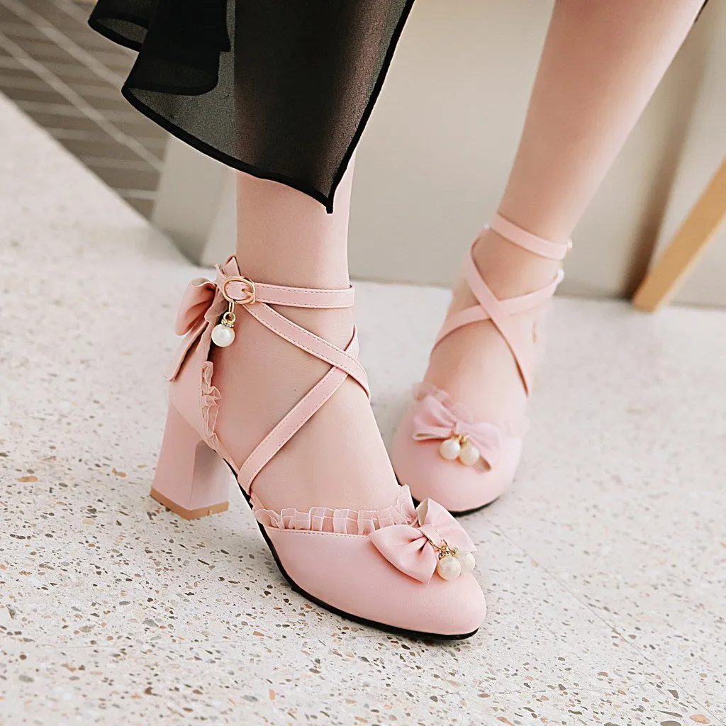 Women bowknot round toe criss cross strap chunky heels