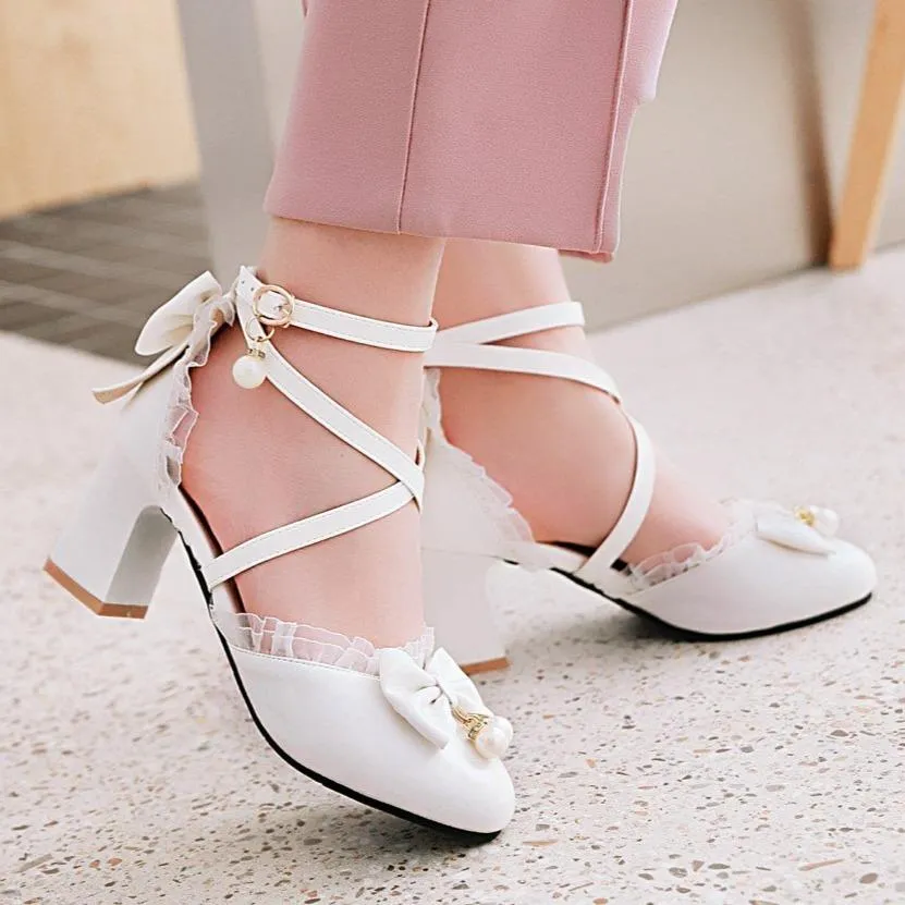 Women bowknot round toe criss cross strap chunky heels